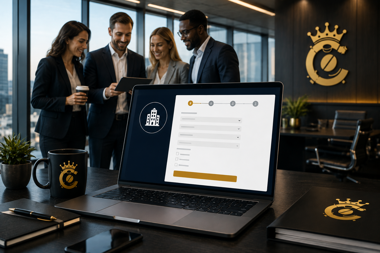 CoffeeCanz Corporate Registration — professional office with a registration form on a laptop screen, branded CoffeeCanz mug and notebook