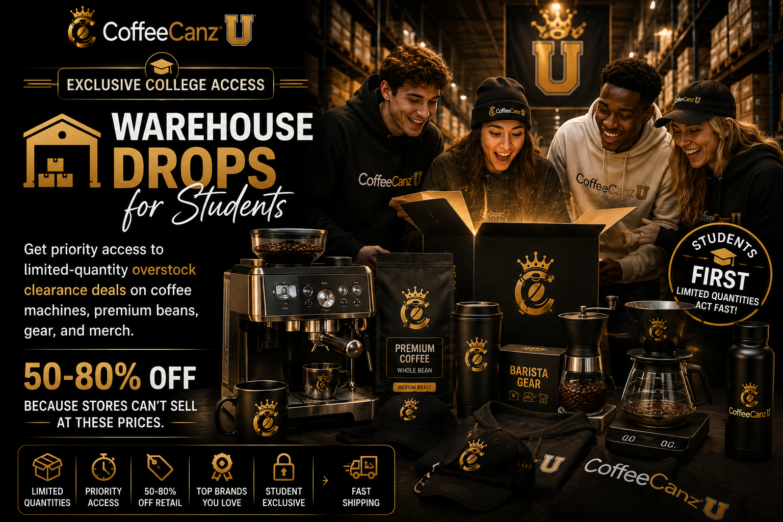 Warehouse Drops for Students — exclusive college access to overstock clearance deals, 50-80% off