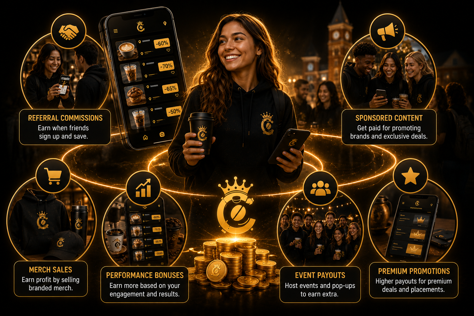Revenue Streams — referral commissions, sponsored content, premium promotions, event payouts, performance bonuses, and merch sales