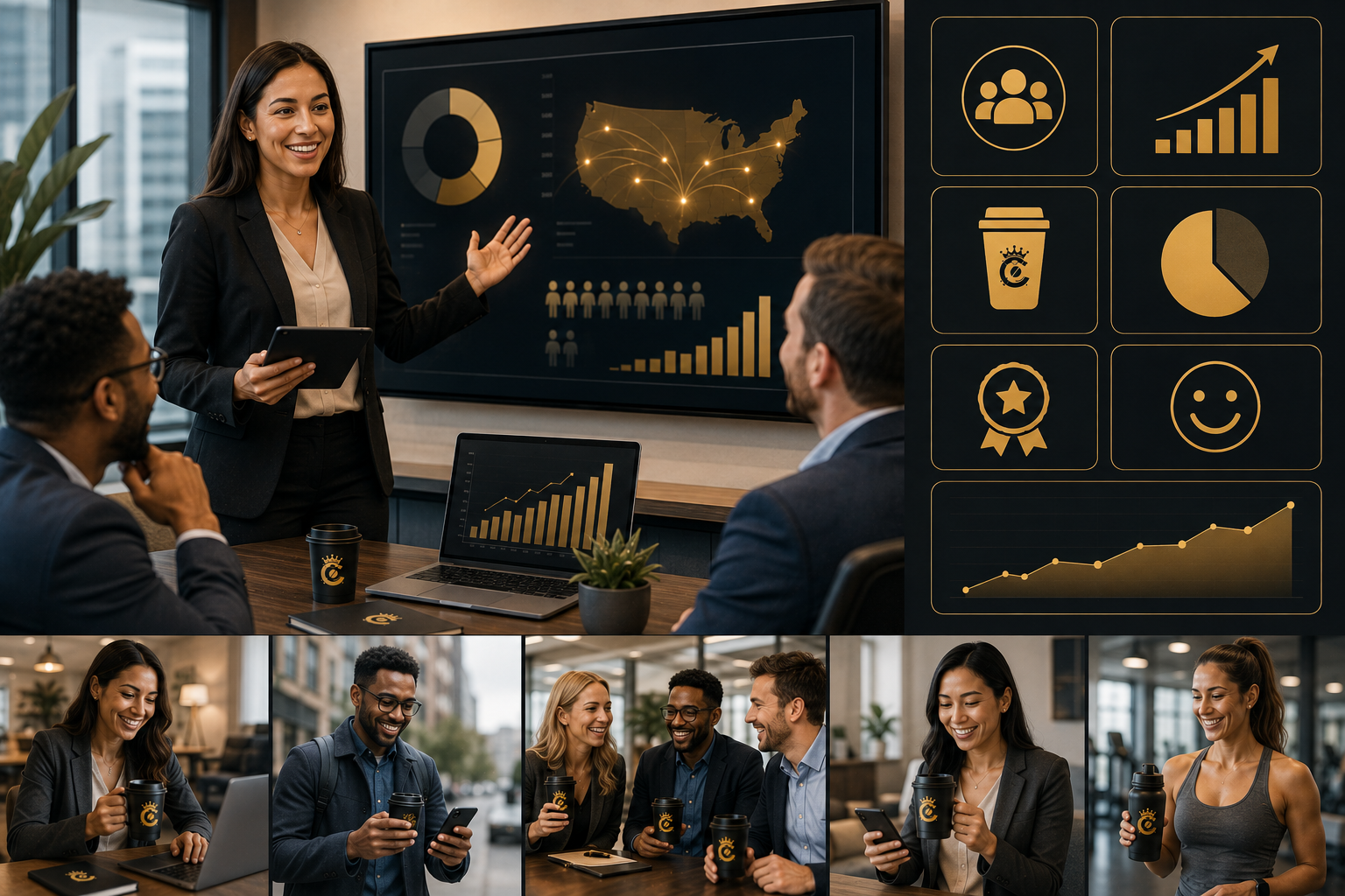 CoffeeCanz Corporate Benefits Dashboard — HR presenting program analytics, participation metrics, and employee savings to the team