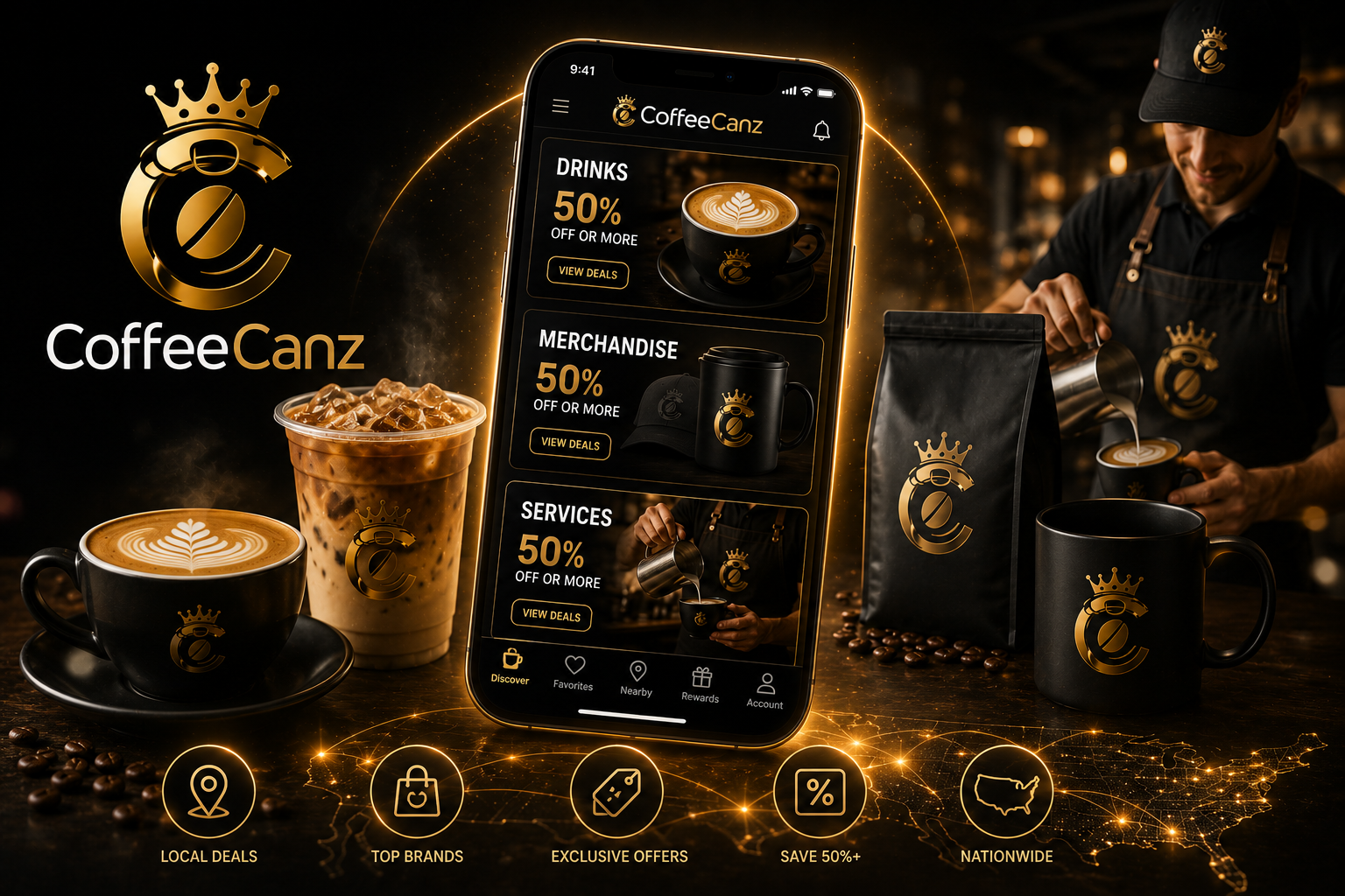 CoffeeCanz app on smartphone with branded merchandise, barista, and nationwide deal icons