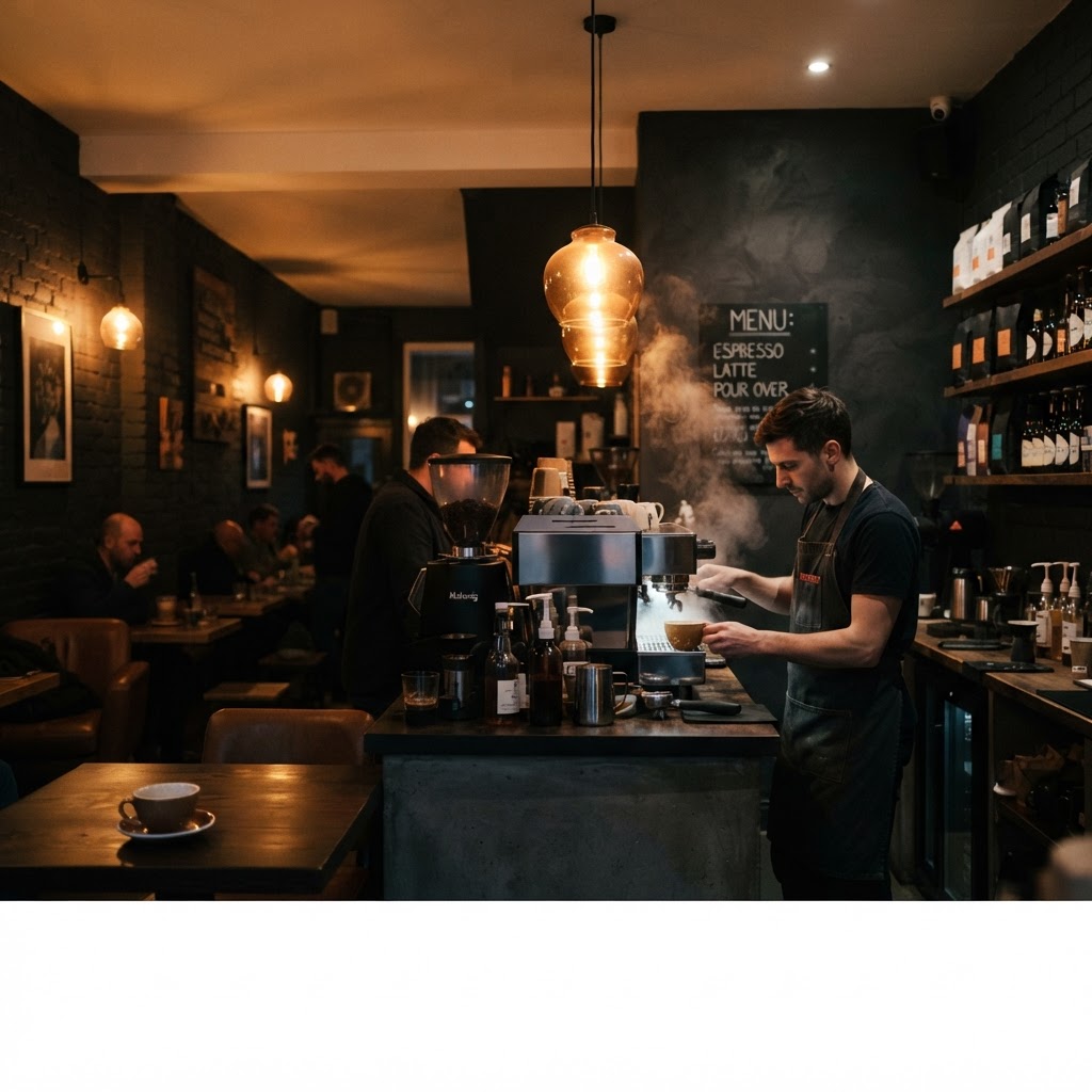 Cozy specialty coffee shop interior at night