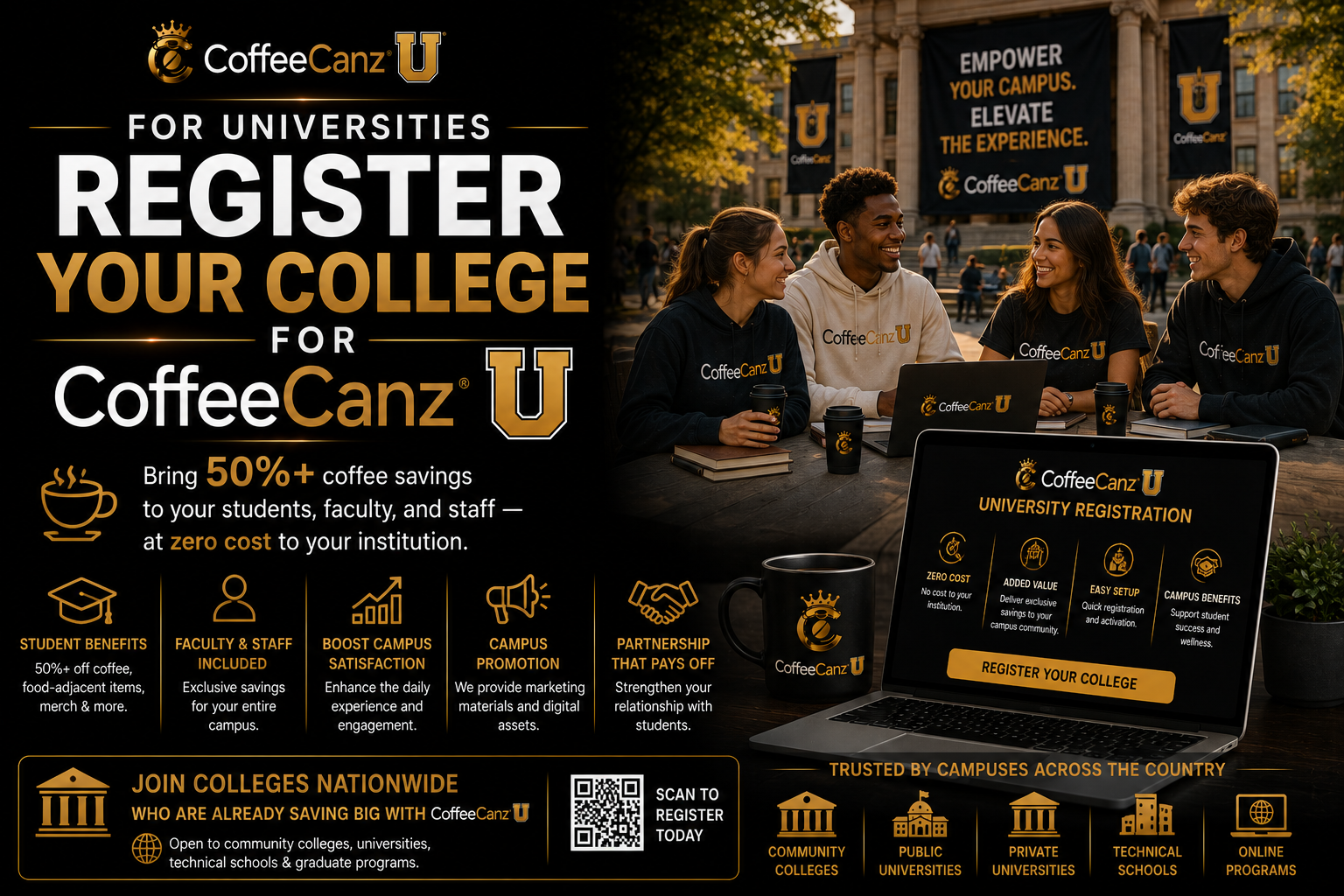 For Universities — Register Your College for CoffeeCanz U — Bring 50%+ coffee savings to students, faculty, and staff at zero cost