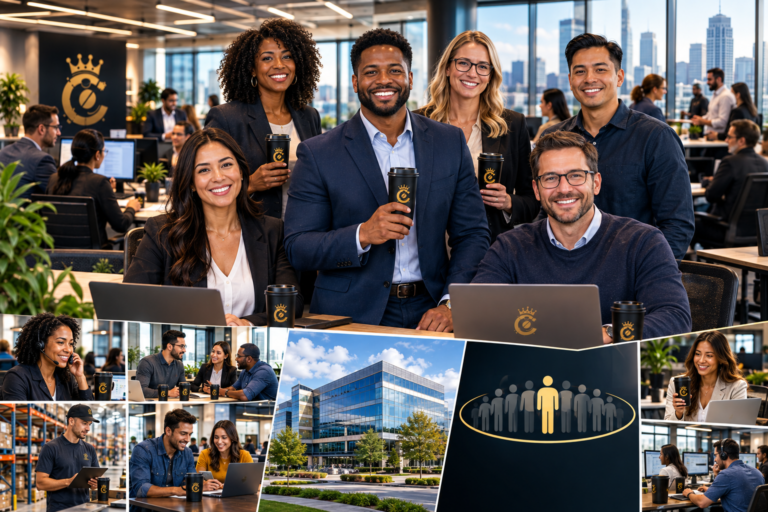 CoffeeCanz corporate benefits scenario — a 500-employee mid-market company with professionals across office, warehouse, and remote roles enjoying CoffeeCanz