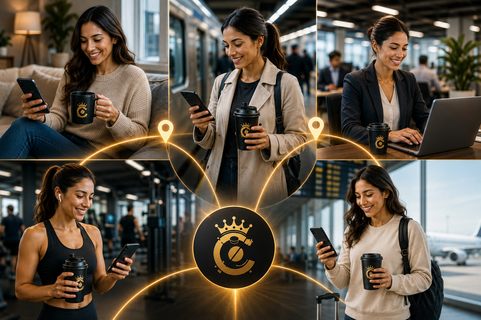 CoffeeCanz benefit follows the employee — one woman using CoffeeCanz at home, on the subway, at the office, in the gym, and at the airport