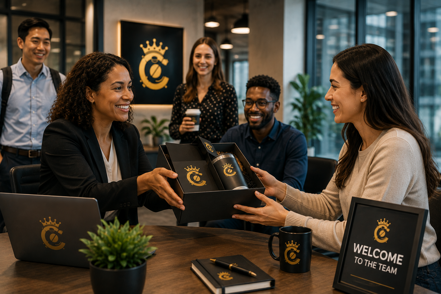CoffeeCanz Employee Onboarding — colleagues welcoming a new team member with a branded gift box in a modern office