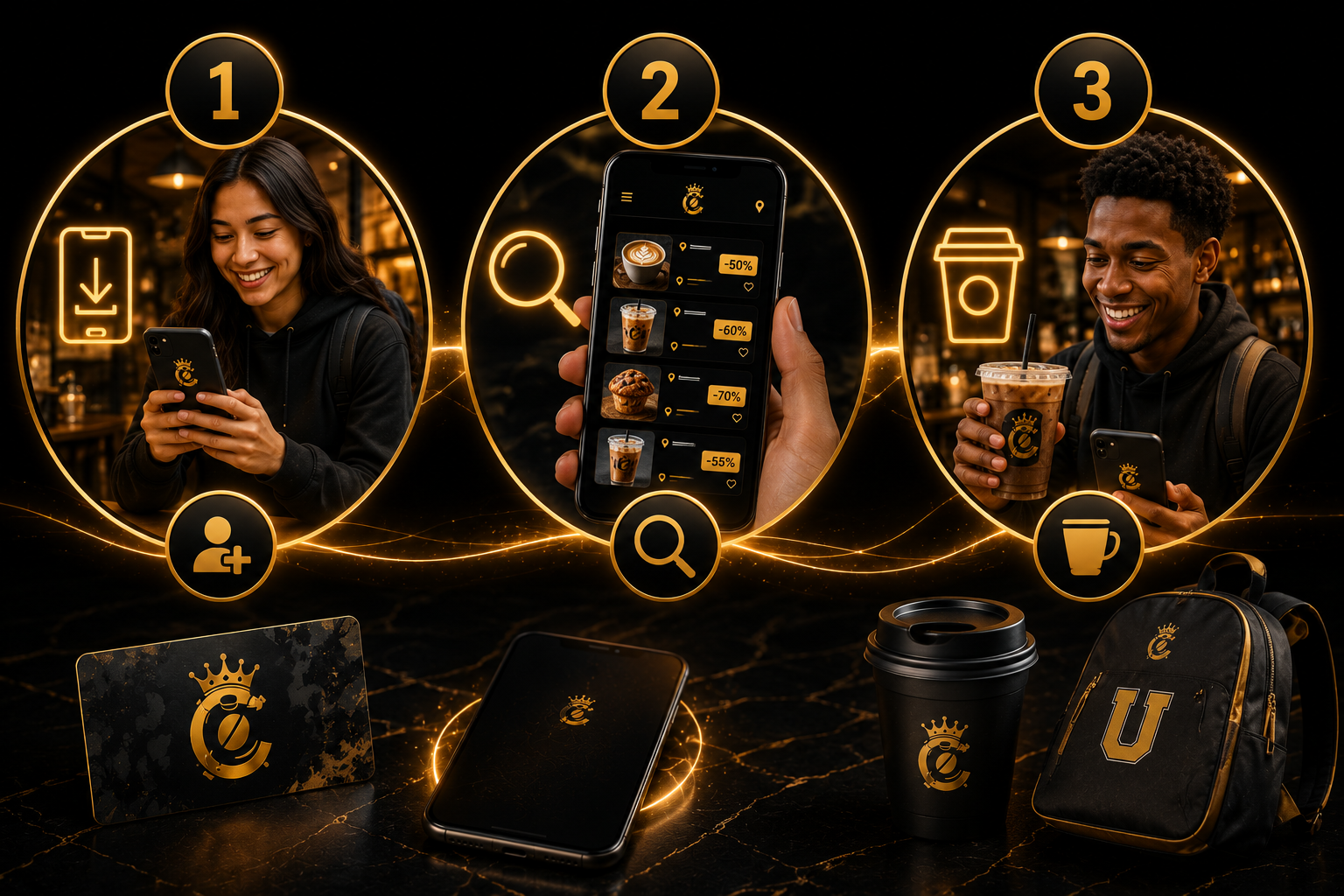 How It Works — three simple steps: sign up, get deals, and save on coffee with CoffeeCanz U