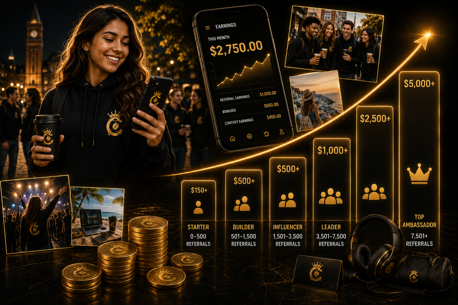Earnings Potential — Starter, Builder, Influencer, Leader and Top Ambassador tiers with monthly earnings goals