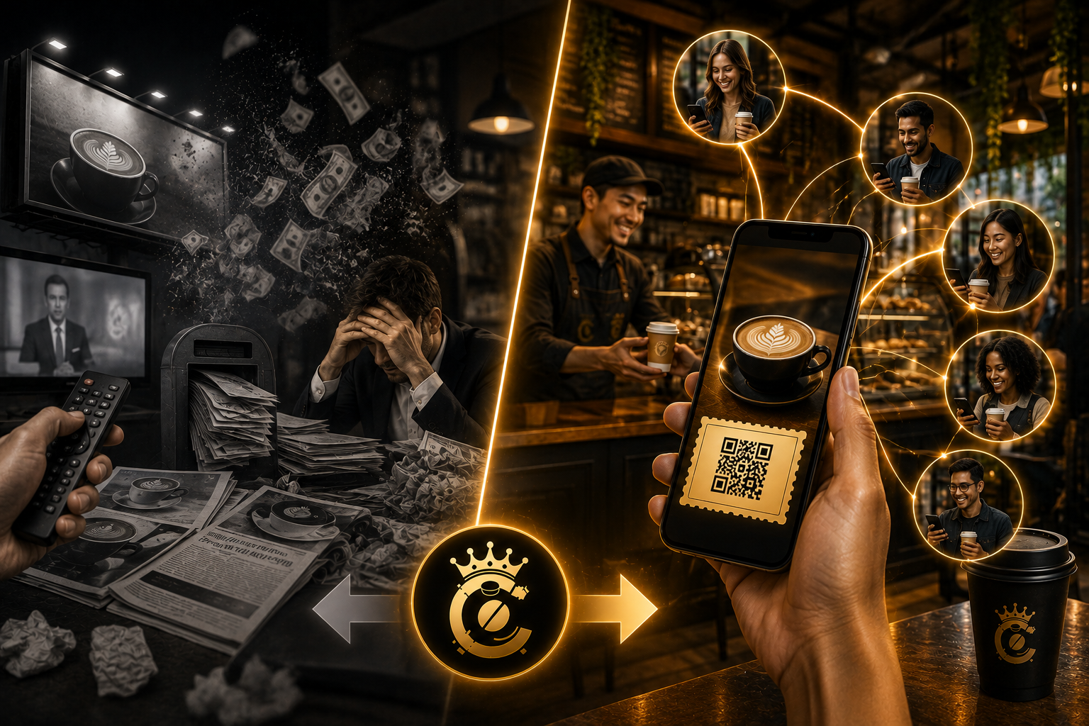 CoffeeCanz voucher solution vs traditional advertising - cluttered expensive ads compared to a connected customer voucher network