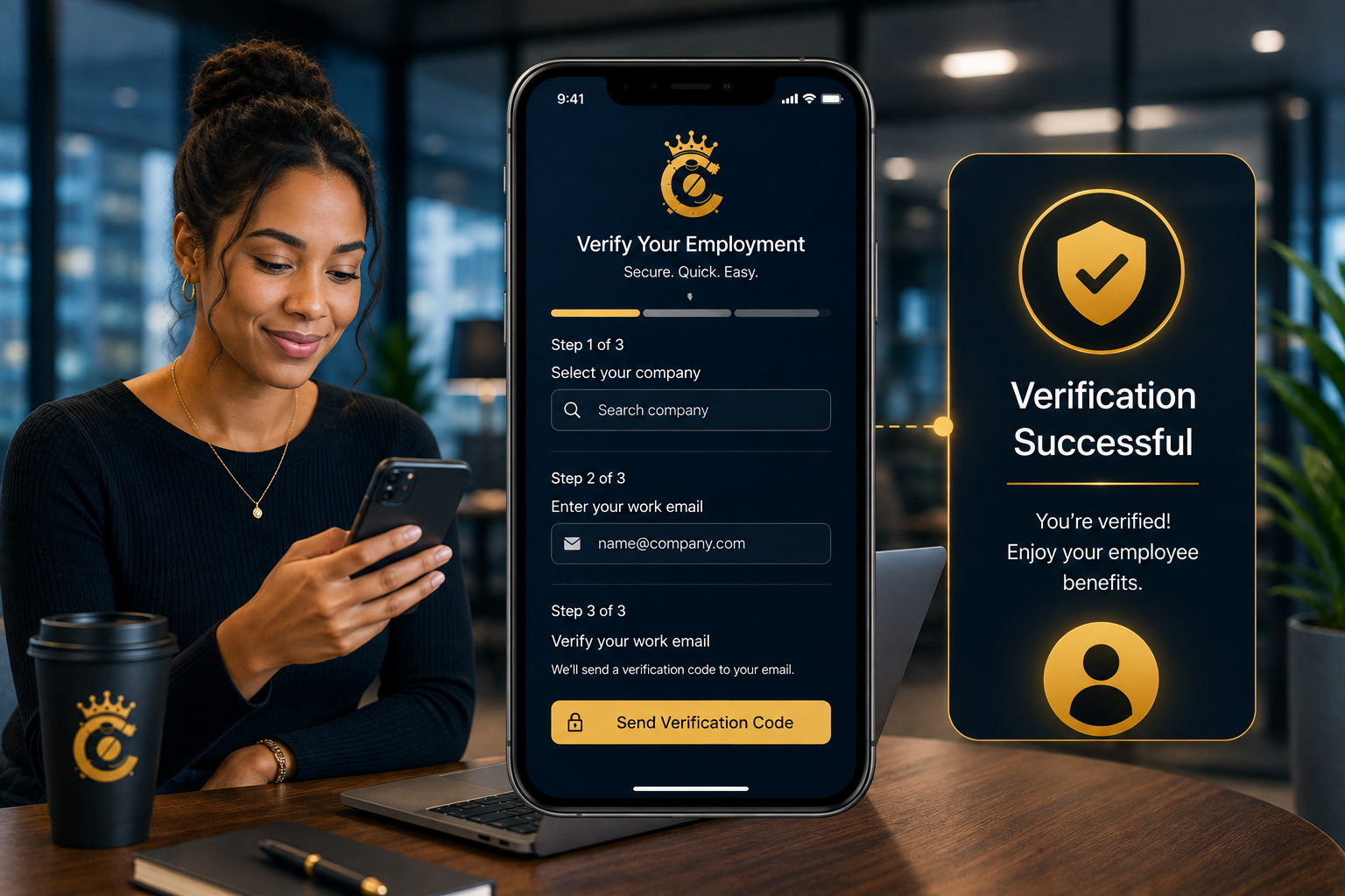 CoffeeCanz Employee Verification — a 3-step secure work-email verification flow on a phone with a verification successful callout