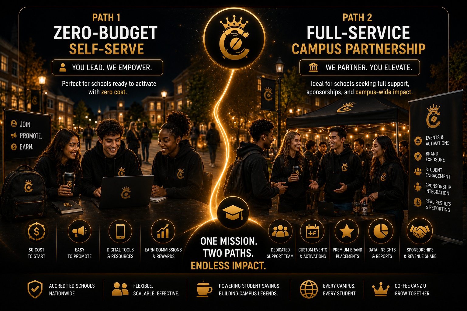 The Two Ways to Participate — Path 1 Zero-Budget Self-Serve and Path 2 Full-Service Campus Partnership