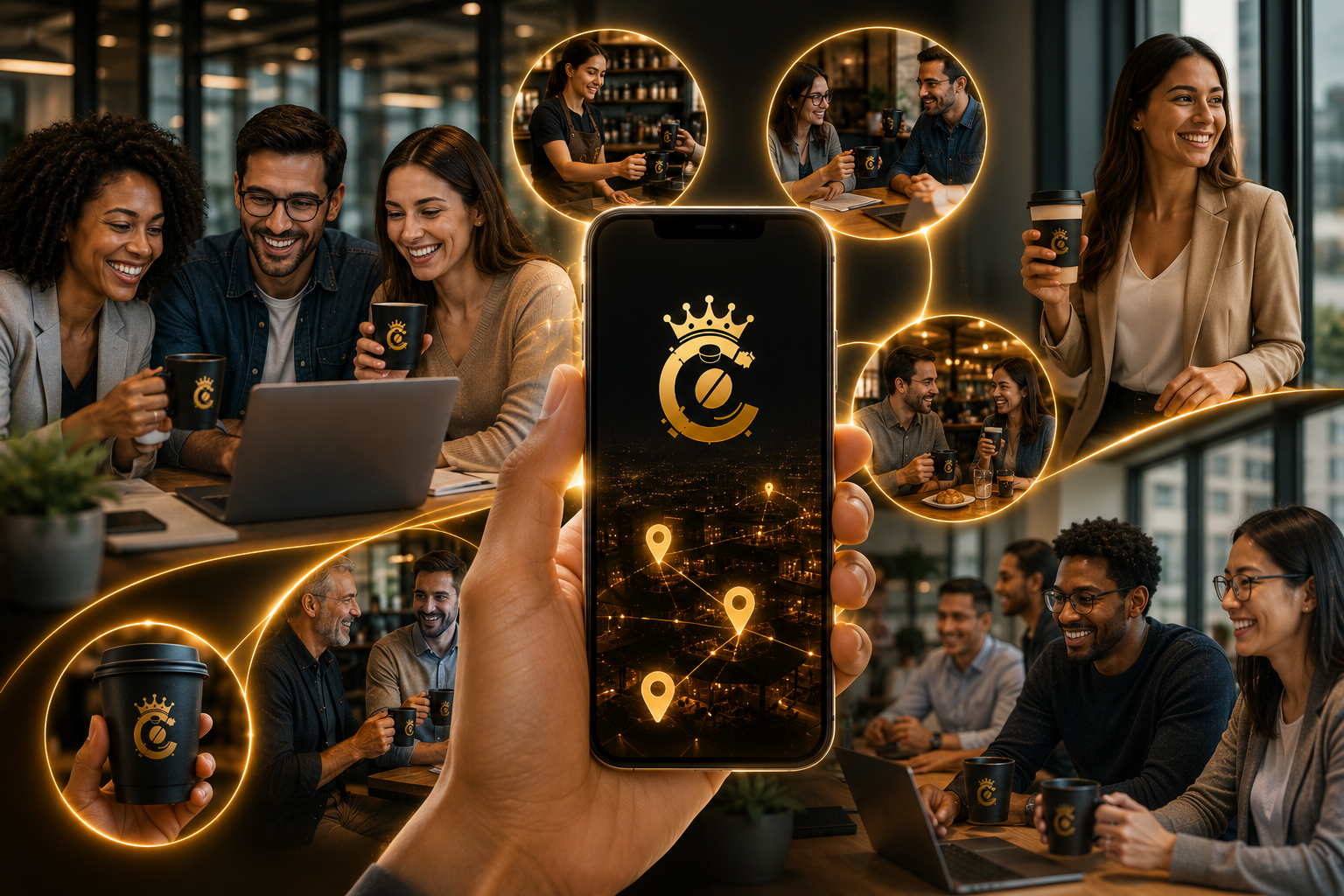 CoffeeCanz for Companies — corporate employee coffee benefit program with central app interface surrounded by workplace coffee moments