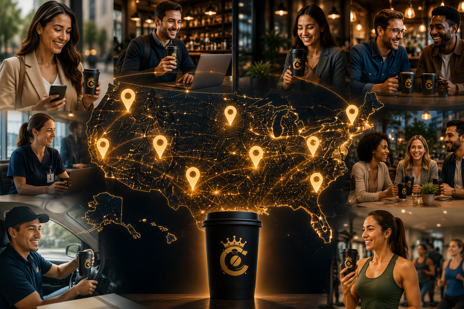 CoffeeCanz nationwide lifestyle benefit — a glowing US map surrounded by diverse people enjoying CoffeeCanz cups at work, cafes, the gym, and on the road