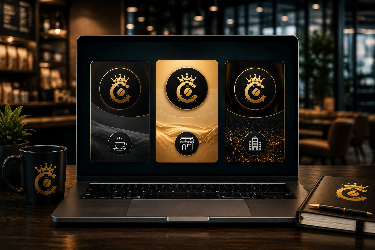 CoffeeCanz Choose Your Program — three corporate program tiers displayed on a laptop screen with branded mug and notebook