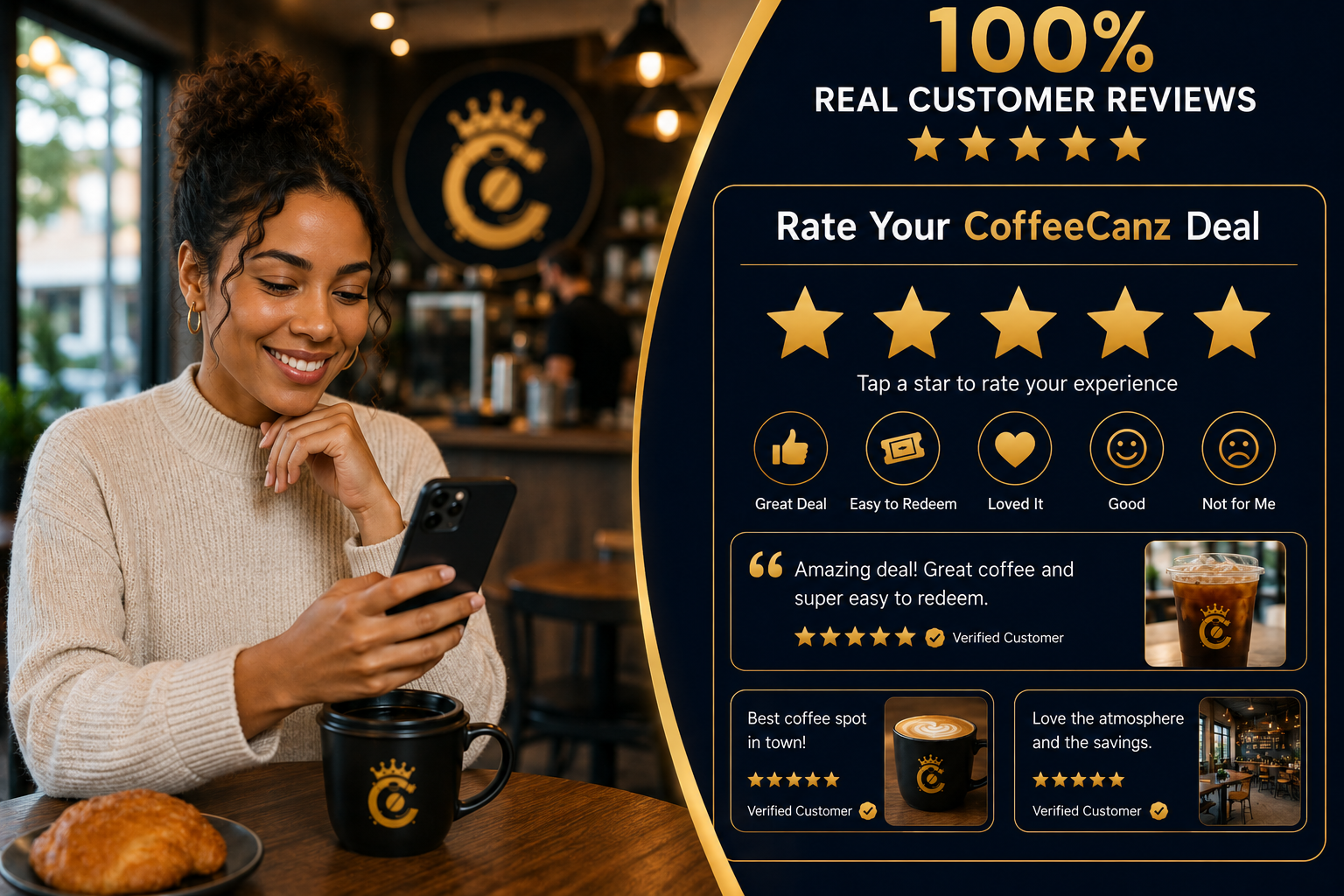 100% Real Customer Reviews — Rate Your CoffeeCanz Deal feedback panel with star ratings and verified customer testimonials