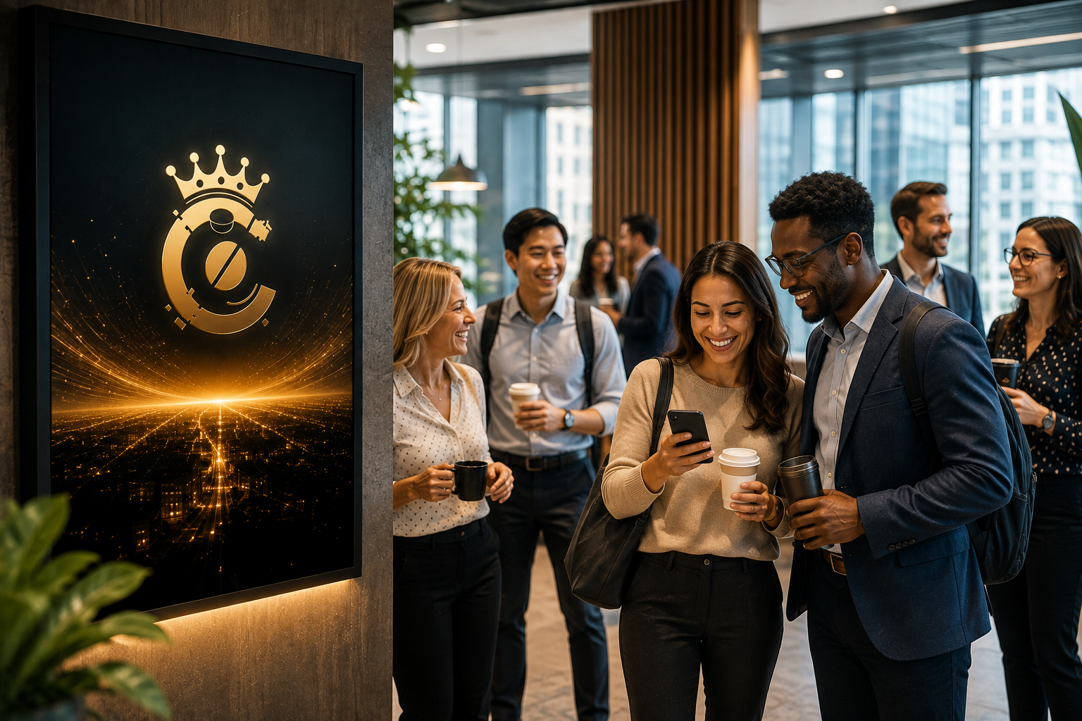 CoffeeCanz Is Now Available to Our Employees — branded lobby display and office team enjoying coffee together