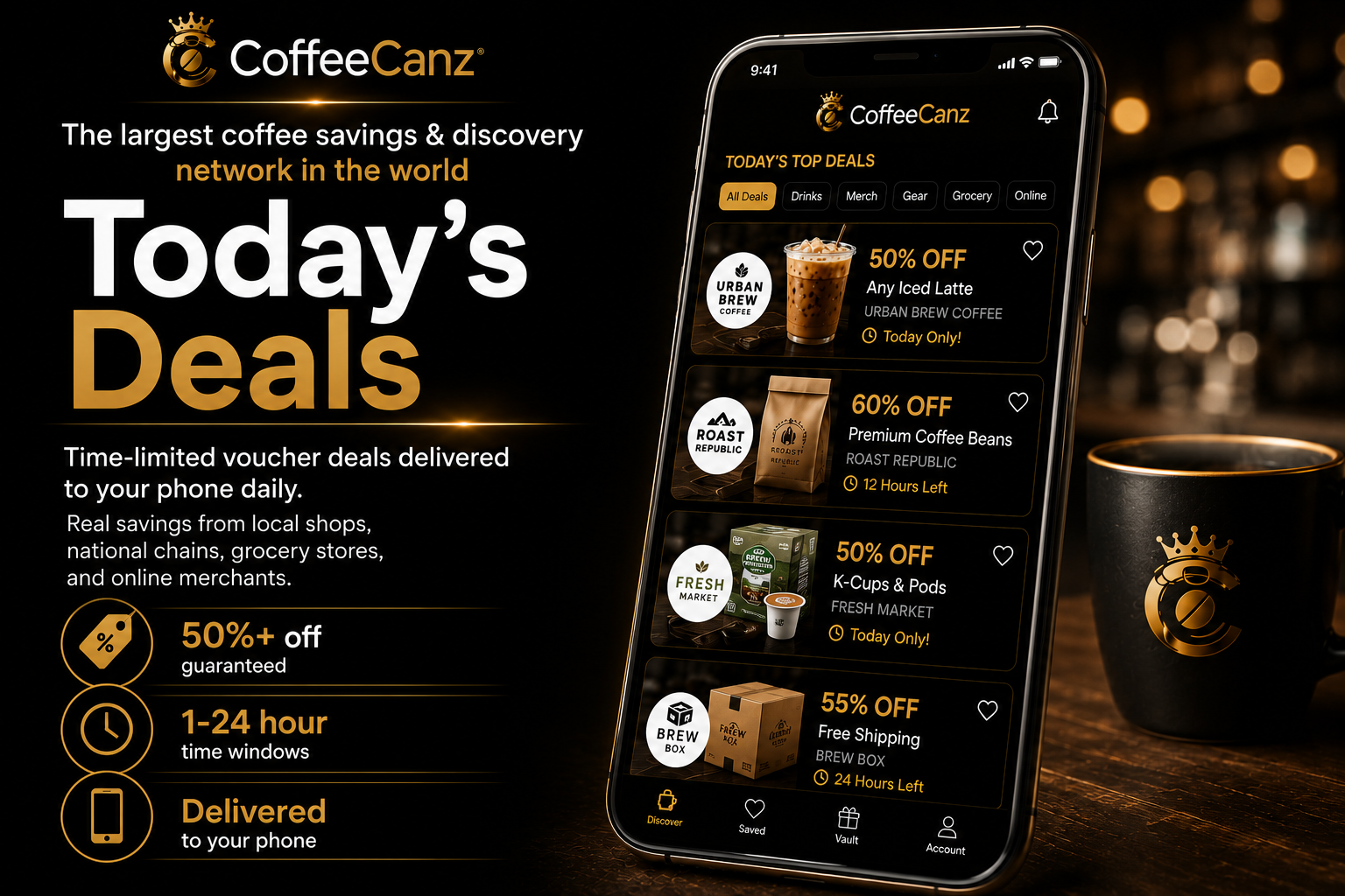 CoffeeCanz — The largest coffee savings & discovery network in the world. Today's Deals: 50%+ off guaranteed, 1-24 hour time windows, delivered to your phone.