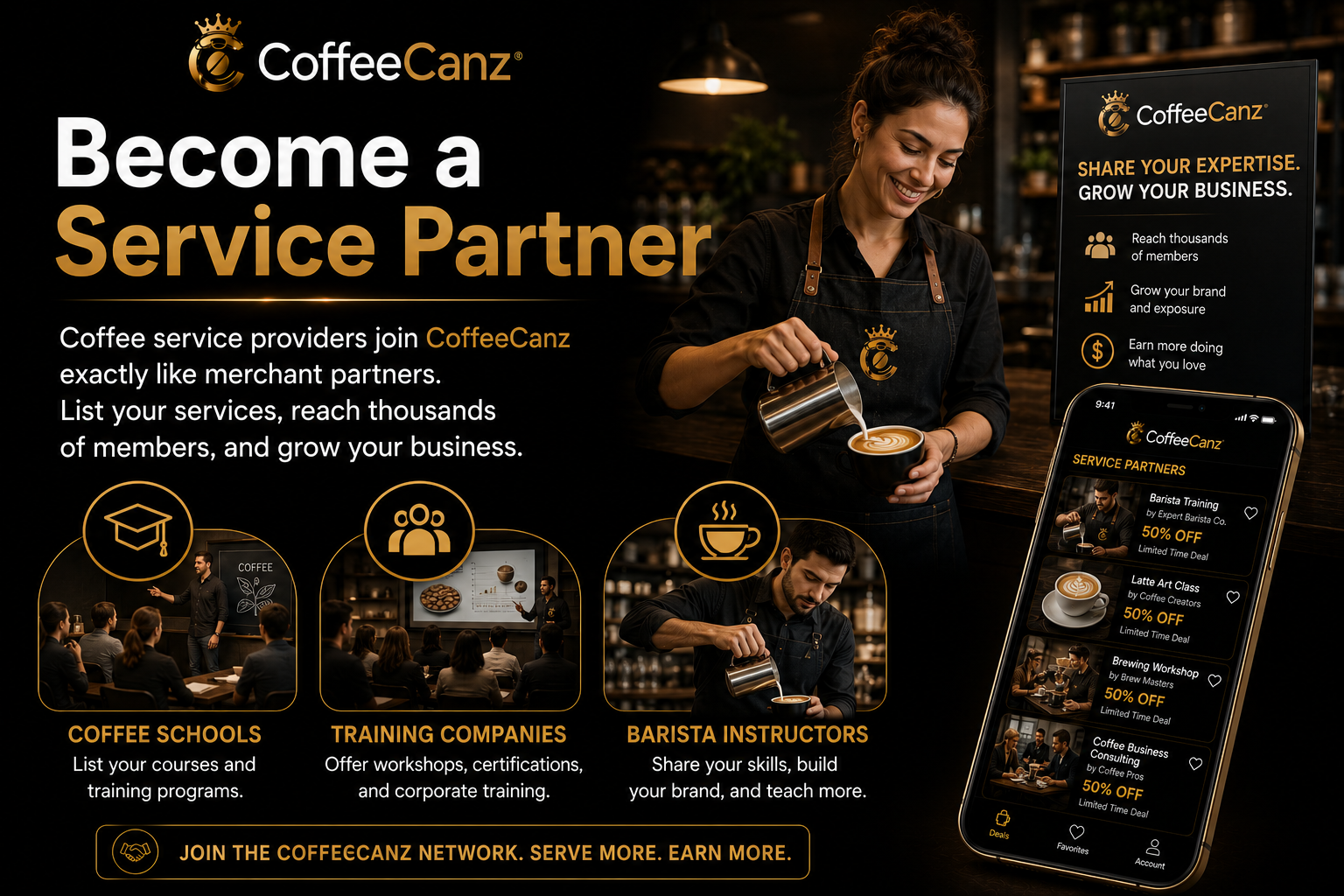 Become a CoffeeCanz Service Partner — list your services, reach members, grow your business