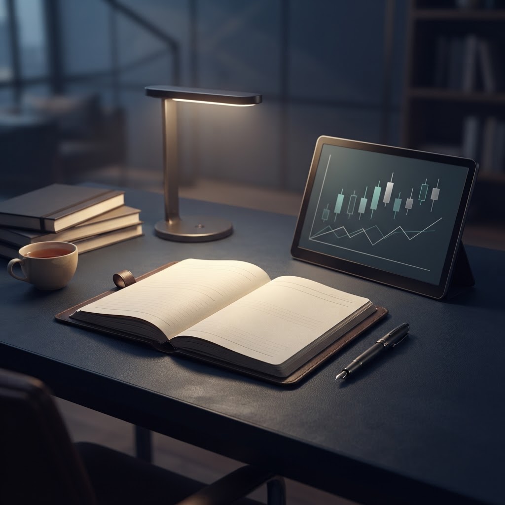 Illustration of an open trading journal, pen, and chart monitor representing disciplined trade review.