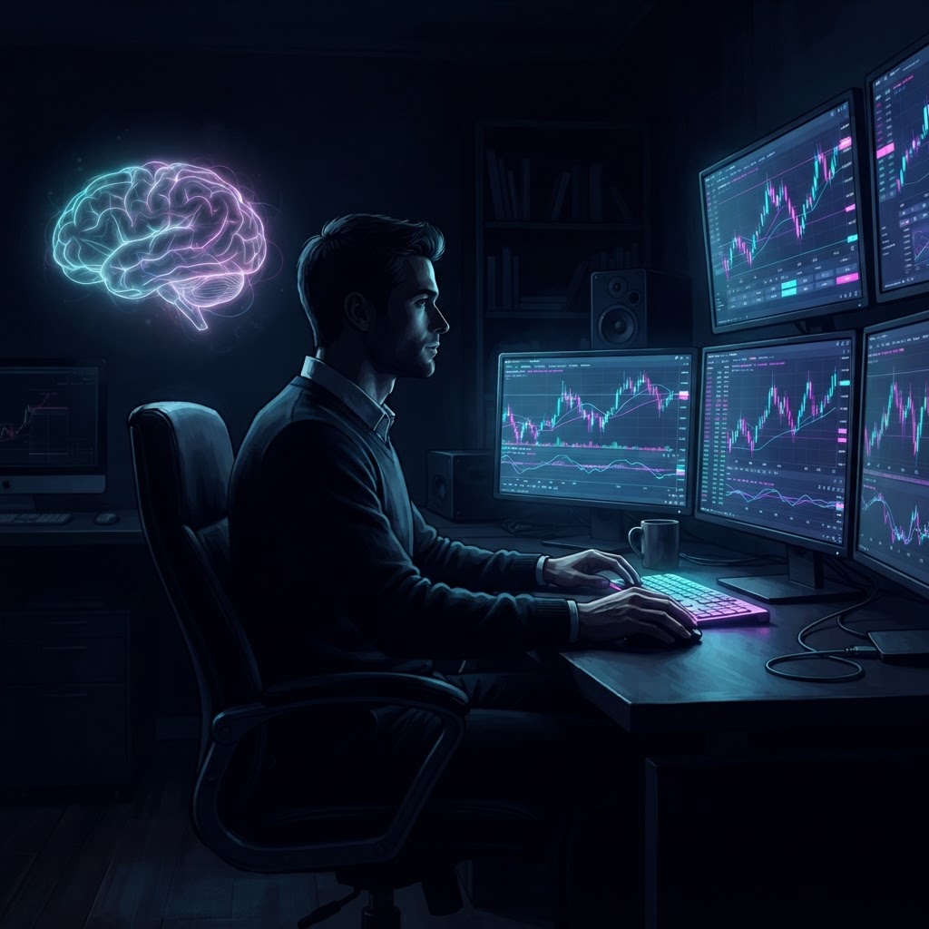 Trader at a desk with glowing charts and a neon brain outline representing trading psychology and mindset