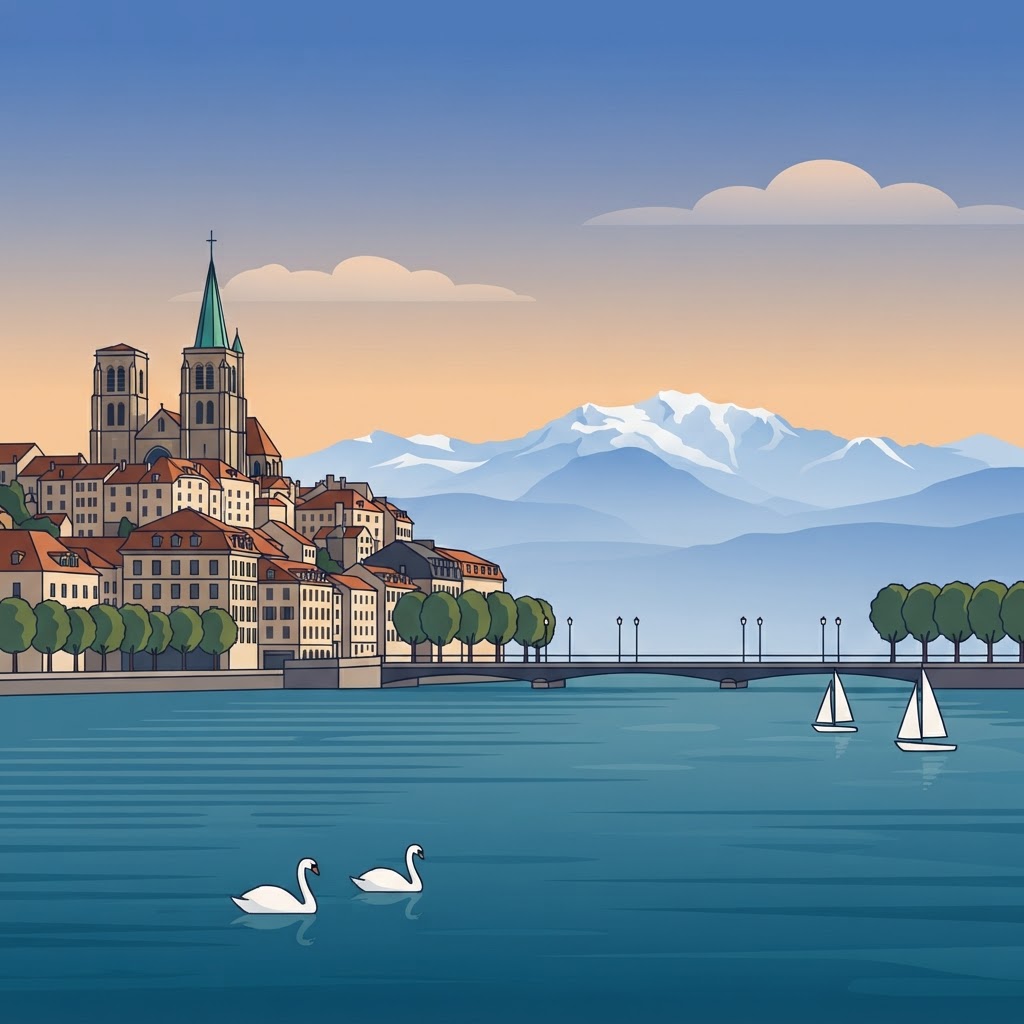 Genève vue depuis le lac : la cathédrale Saint-Pierre, le pont du Mont-Blanc et le Jet d'eau