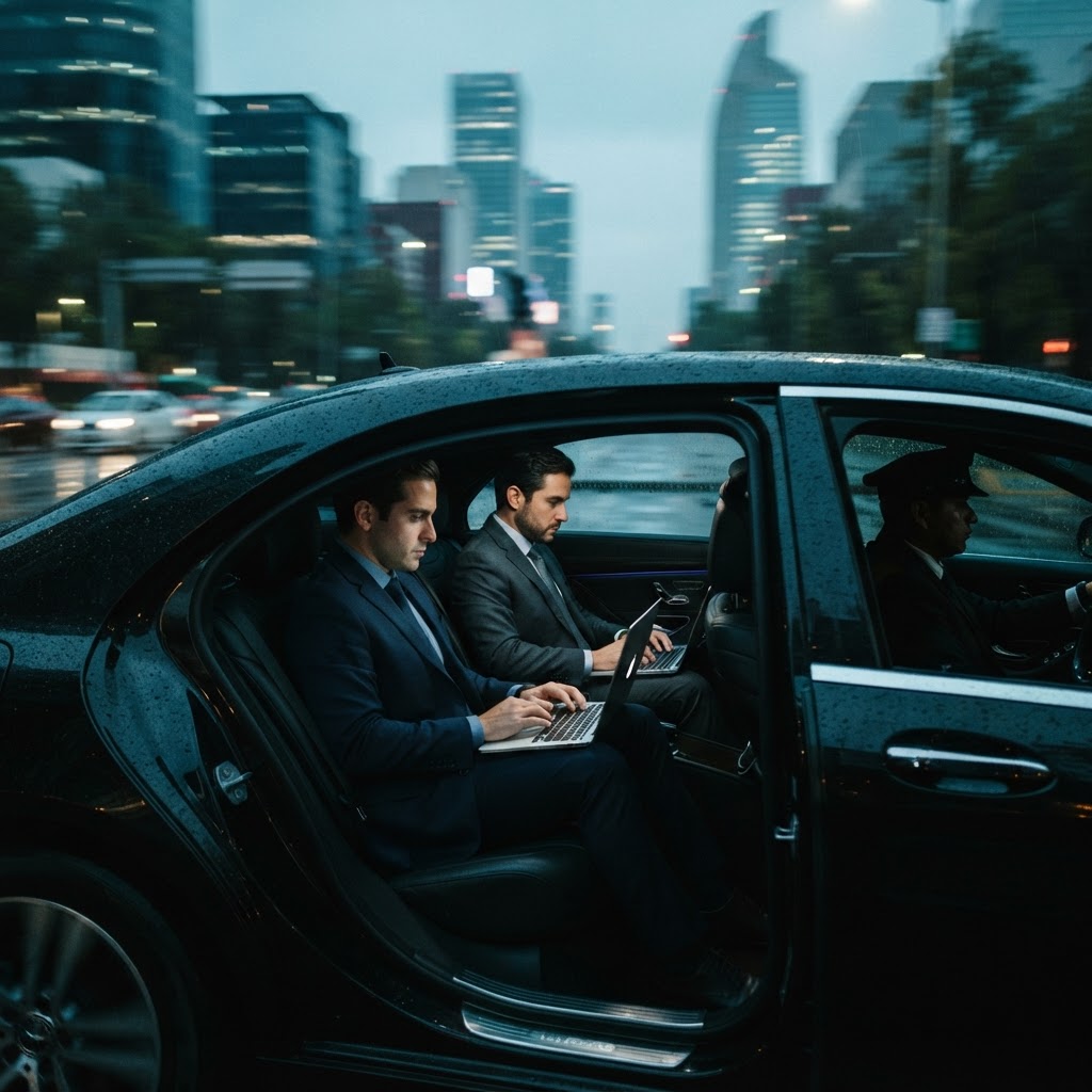 Directivos trabajando en el trayecto entre juntas en el distrito de negocios de Ciudad de México