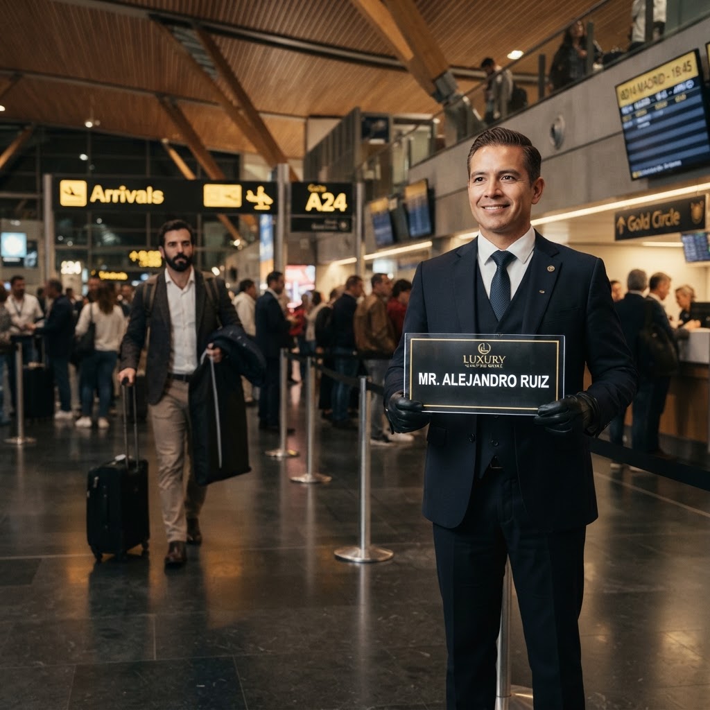 Chofer con letrero de bienvenida esperando a un viajero en la sala de llegadas del aeropuerto