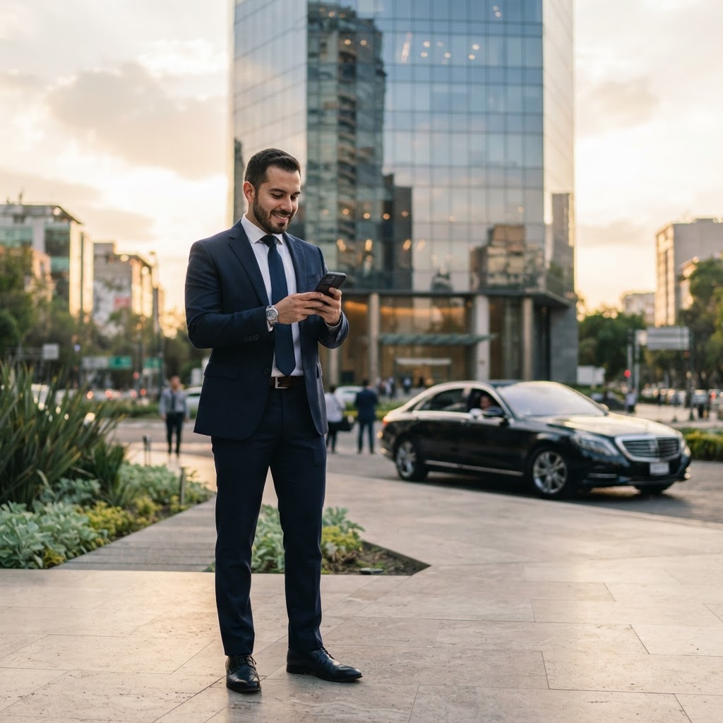 Directivo revisando la app MYWAY frente a una torre corporativa en CDMX