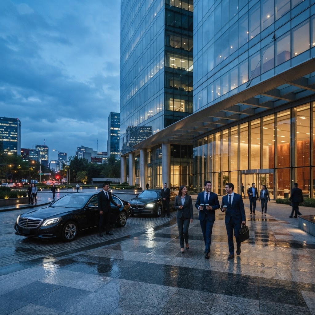Directivos saliendo de una torre corporativa en Santa Fe, Ciudad de México, con autos ejecutivos y choferes esperando