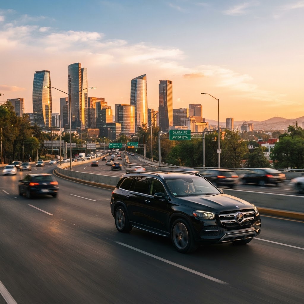 SUV ejecutiva negra en camino a los rascacielos de Santa Fe en Ciudad de México al atardecer
