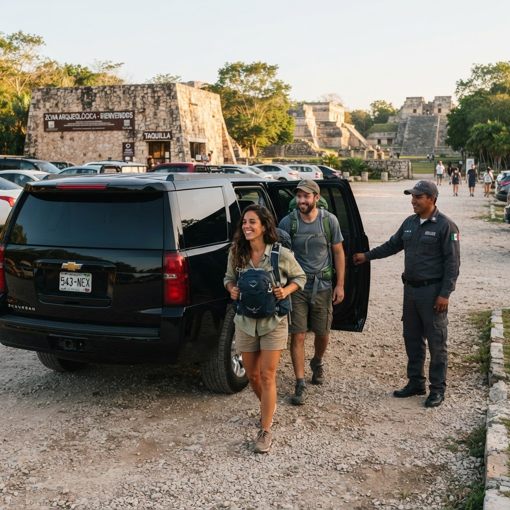 Turistas bajando de una SUV negra con chofer en el estacionamiento cercano a la zona arqueológica de Teotihuacán