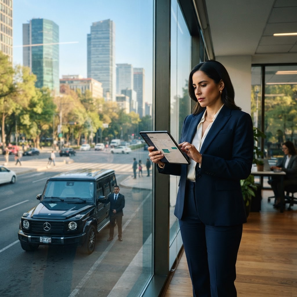 Ejecutiva revisando el itinerario de transporte de su equipo en una tablet junto a una SUV negra frente a una oficina corporativa en Reforma, Ciudad de México