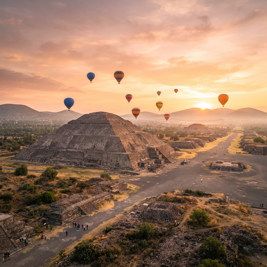 Pirámide del Sol en Teotihuacán al amanecer con globos aerostáticos en el cielo