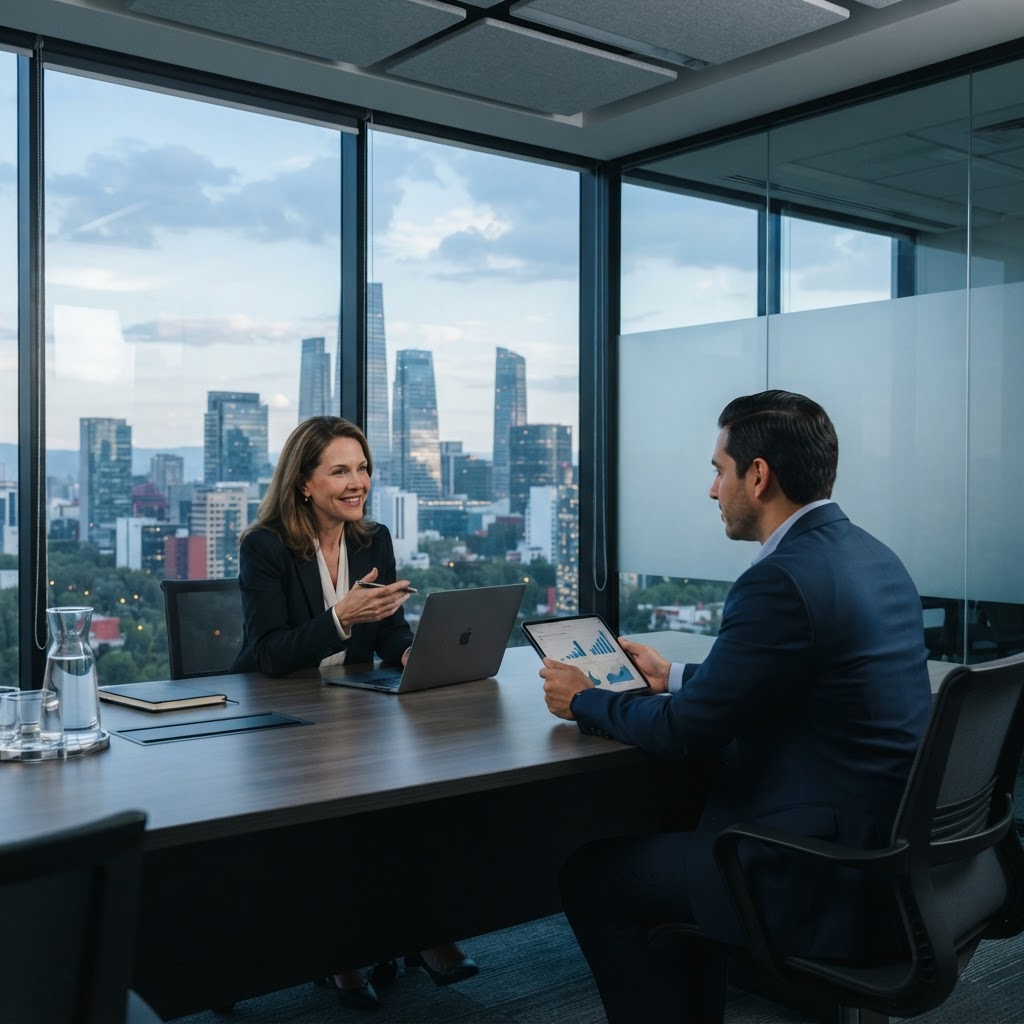 Directivos en una sala de juntas con vista al distrito de negocios de Ciudad de México