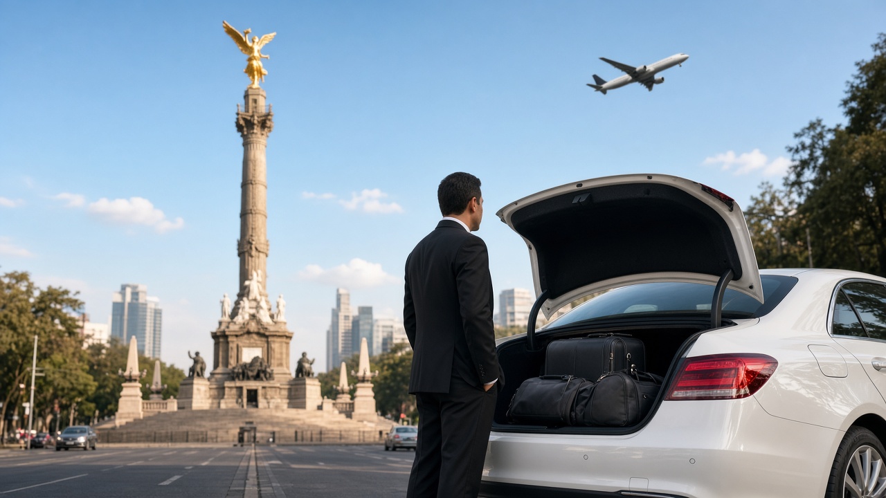 Ángel de la Independencia con un chofer de MYWAY y equipaje en la Ciudad de México
