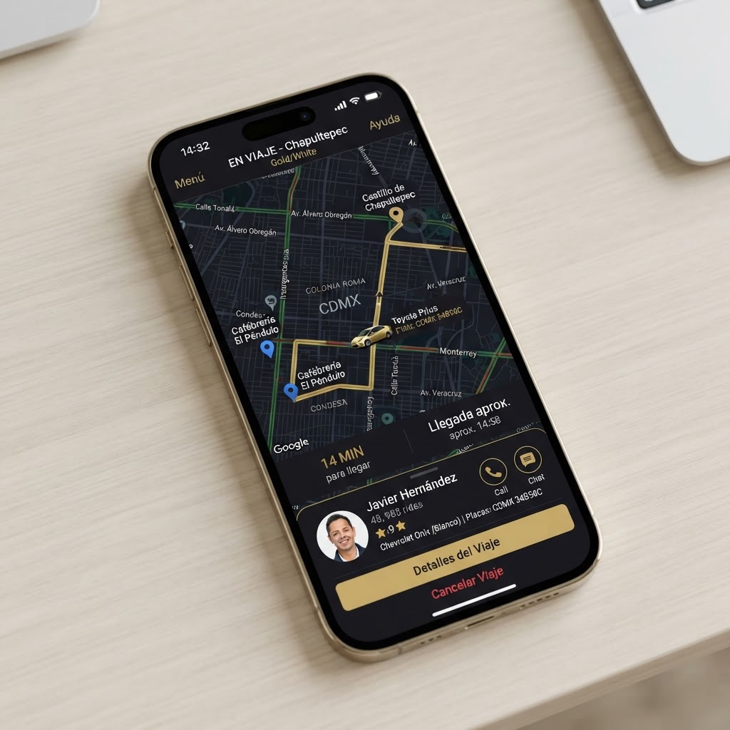 Pantalla de la app MYWAY con el mapa en vivo del viaje y la tarjeta del chofer en Ciudad de México