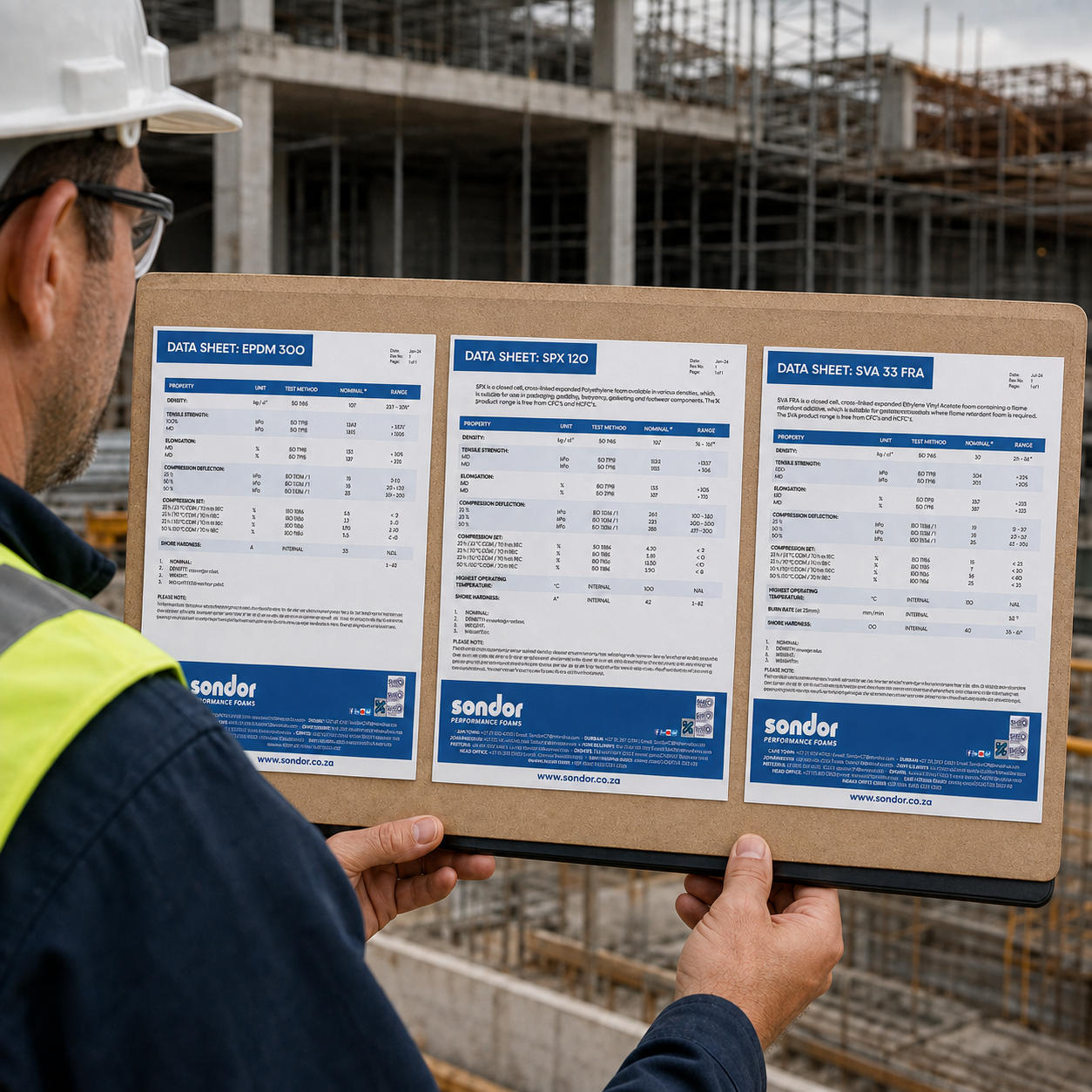 Construction worker in a high-visibility vest holding a Sondor Performance Foams clipboard displaying three technical data sheets for EPDM 300, SPX 120 and SVA 33 FRA foam materials.