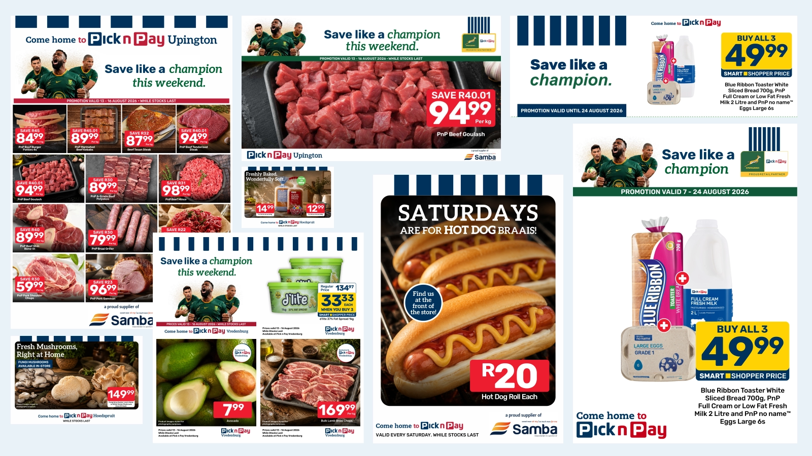 Collage of Pick n Pay store-specific promotional advertisements featuring Springbok rugby players, meat and grocery bundle deals, and seasonal Saturday braai offers with the Pick n Pay branding.