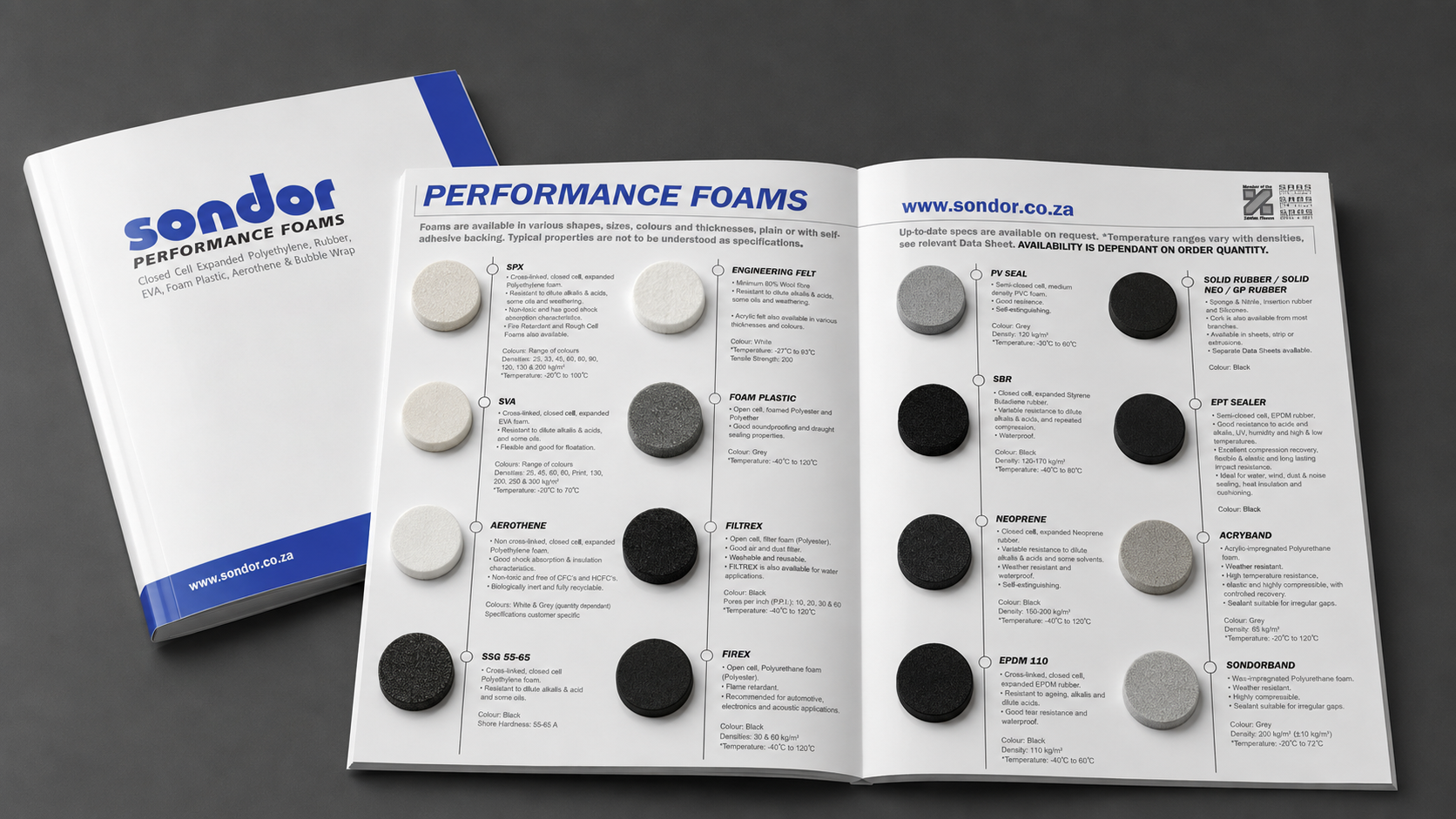 Sondor Performance Foams industrial brochure open on a dark surface, showing the front cover and inside spread of foam material technical specifications including SPX, SVA, Aerothene, Filtrrex, Firex, PV Seal, SBR, Neoprene, EPDM and Acryband.