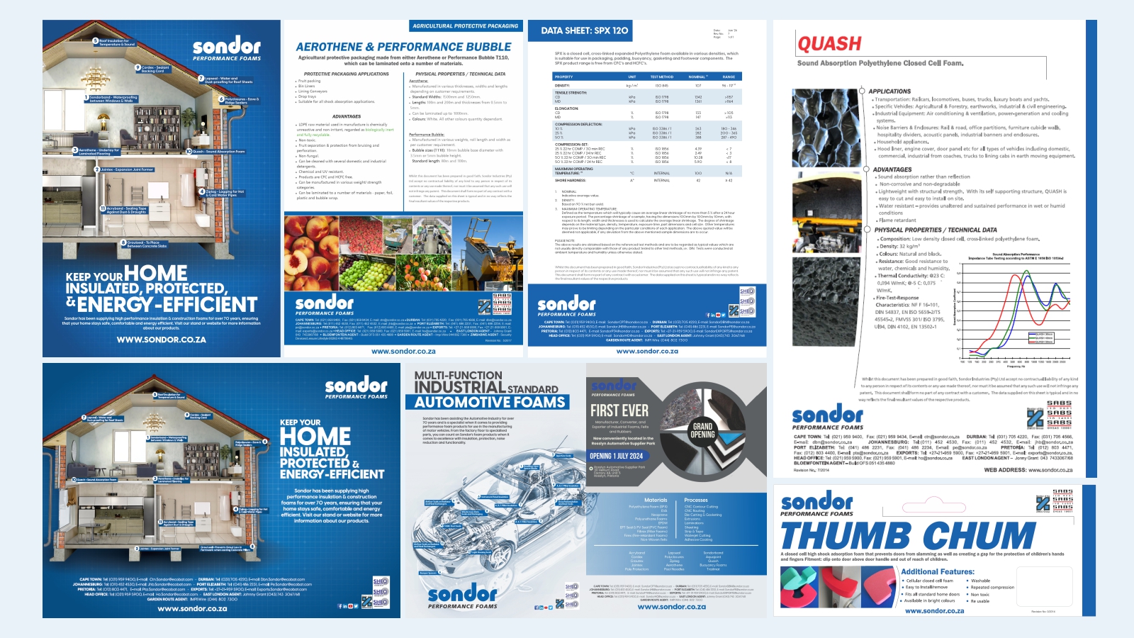 Sondor Performance Foams brand systems collage showing home insulation diagrams, Aerothene protective packaging data, SPX 120 and QUASH sound absorption technical sheets, automotive foam applications and a Thumb Chum door stopper product flyer.
