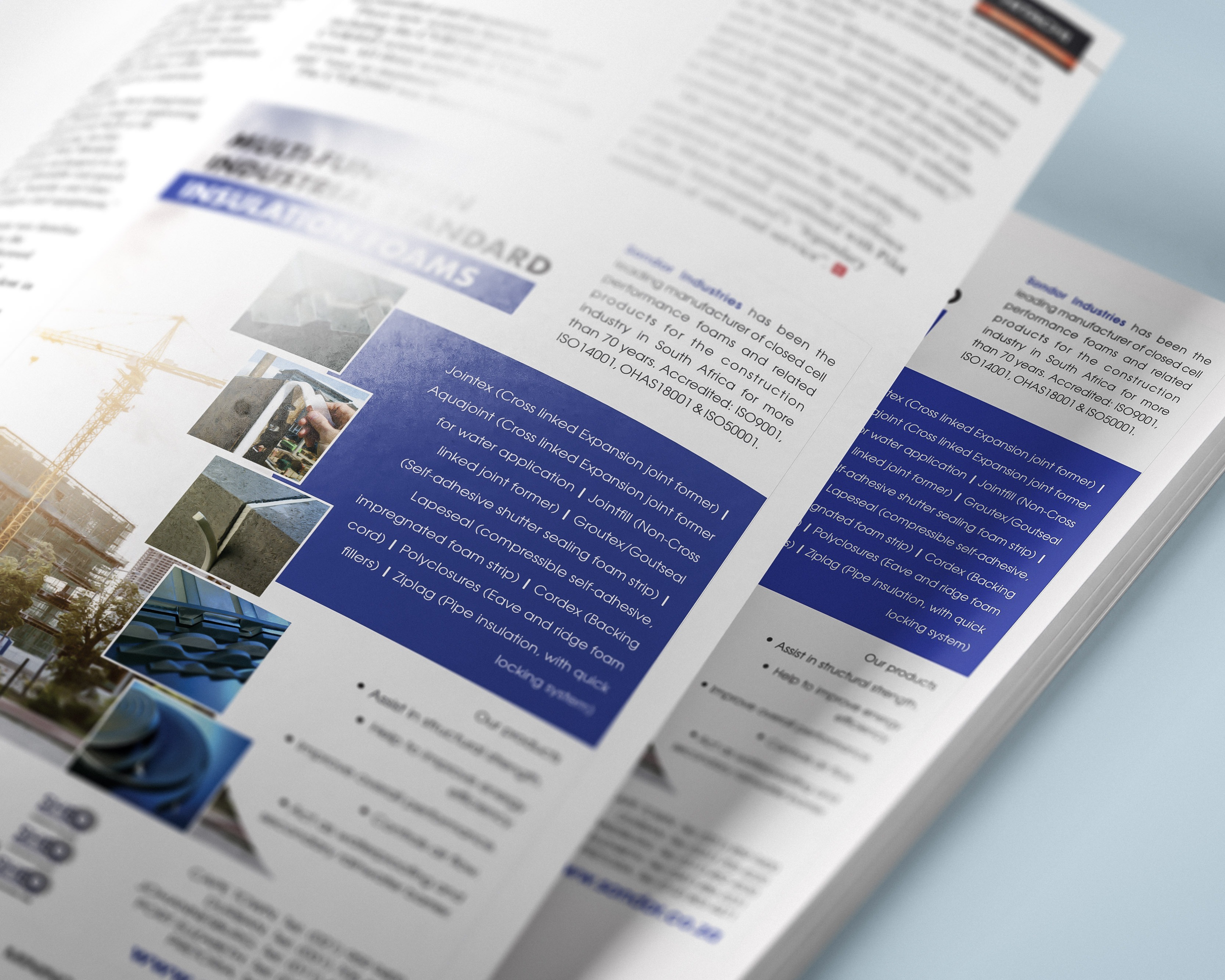 Sondor Industries product catalog page for multi-functional industrial standard insulation foams, listing Jointex, Aquajoint, Jointfill, Groutex, Lapeseal, Cordex, Polyclosures and Ziplag with construction application imagery.