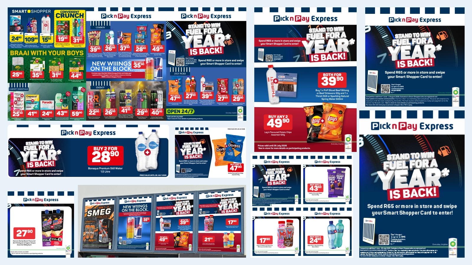 Promotional collage for Pick n Pay Express marketing campaigns, featuring the 'Stand to Win Fuel for a Year' competition banner, various product specials including snack and beverage deals, and a retail store display showcasing in-store promotional signage.