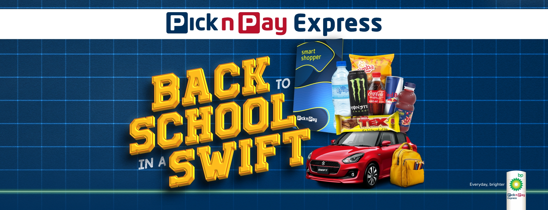 Pick n Pay Express Back to School in a Swift promotional cover banner featuring a red Suzuki Swift car, a yellow backpack and a collection of school snack items against a blue grid background.