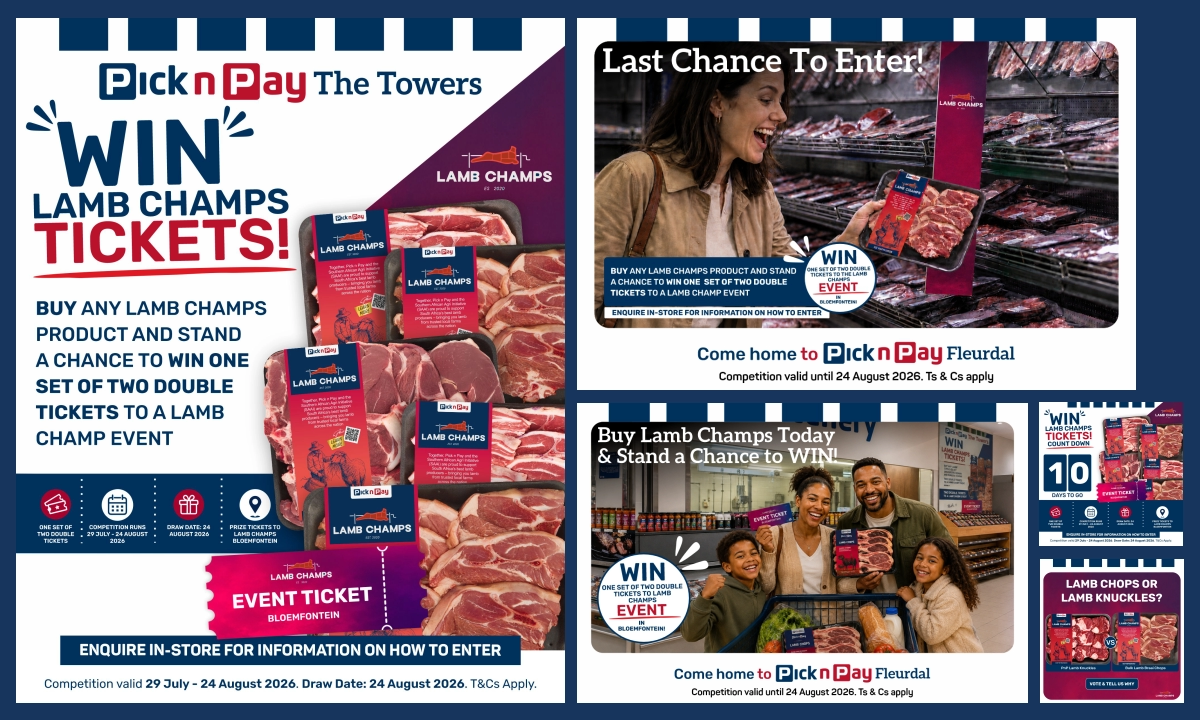 Pick n Pay Lamb Champs competition campaign collage showing ticket giveaway creative, in-store promotional panels with shoppers holding lamb products, and a Lamb Chops vs Lamb Knuckles vote call-to-action.