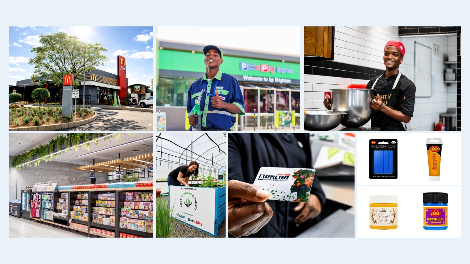 Collage of retail, food service, and craft product photography including a McDonald’s exterior, Pick n Pay Express attendant, kitchen chef, store interior, greenhouse food garden, Apple Tree Fresh Food Market loyalty card, and Dala craft supplies.