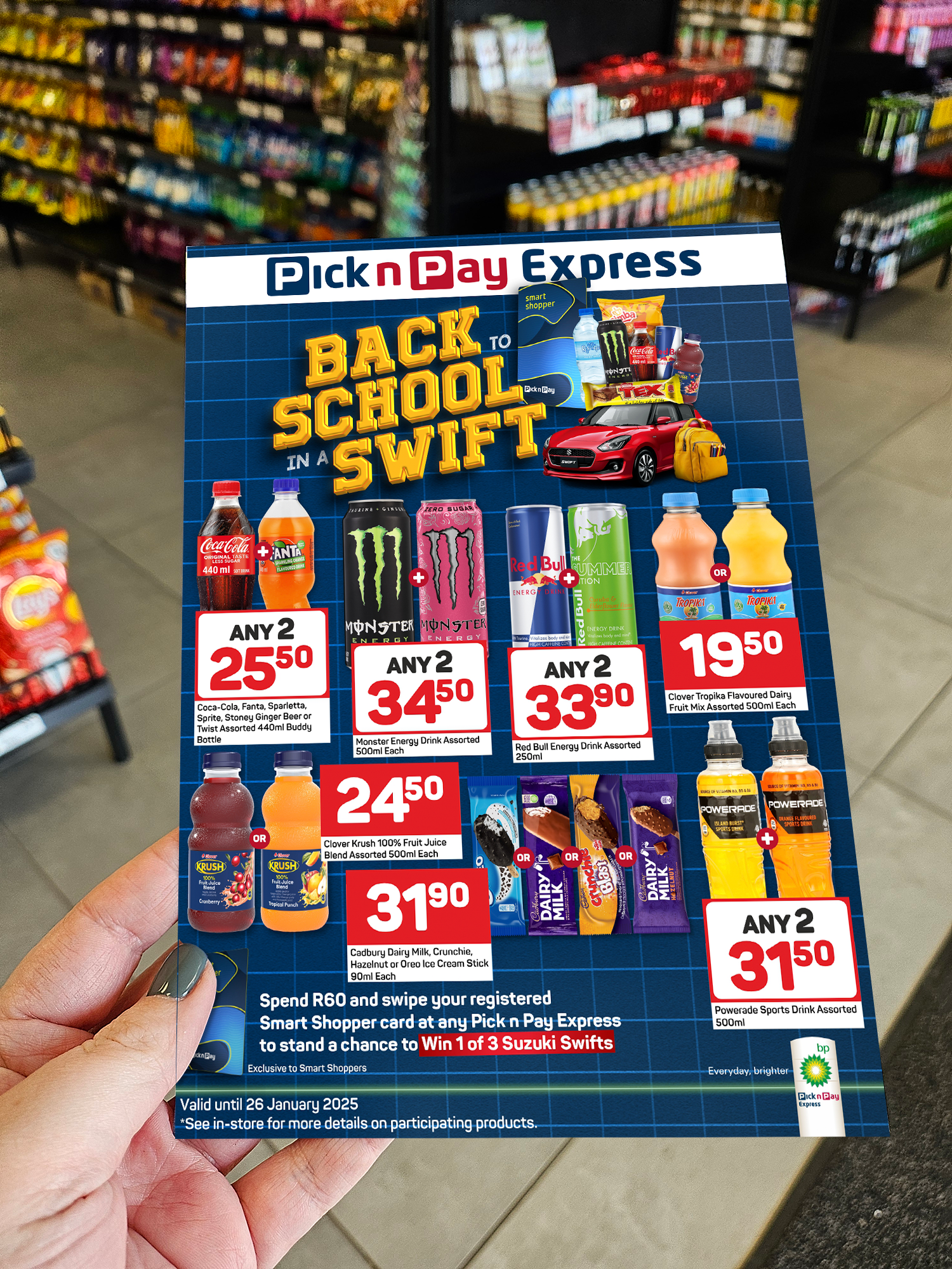 Pick n Pay Express Back to School in a Swift seasonal portrait campaign flyer showing the Suzuki Swift competition with product offers on a blue grid background, held in hand in a convenience store.