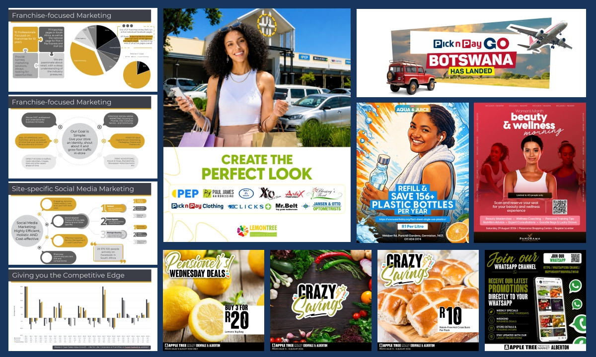 A smiling woman holding shopping bags at Lemontree Shopping Centre, with the text 'CREATE THE PERFECT LOOK' and a row of store logos below, surrounded by retail marketing graphics and store promotions.