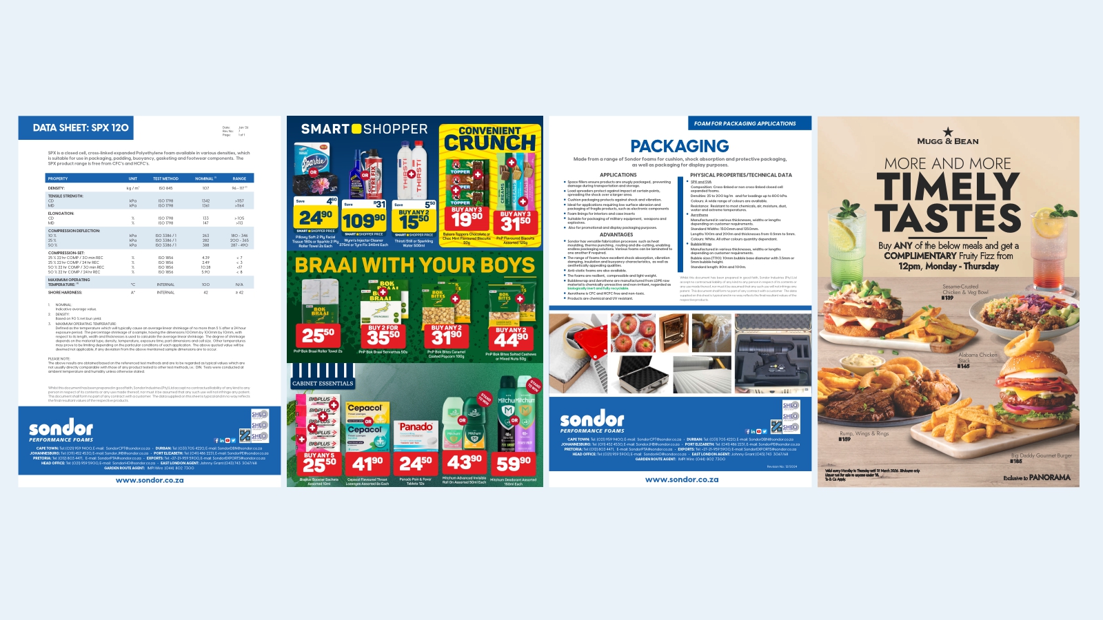 Sales collateral collage featuring a Sondor Performance Foams SPX 120 technical data sheet, a Pick n Pay Smart Shopper Convenient Crunch retail promotion, a Sondor foam packaging applications flyer, and a Mugg & Bean menu promotion with sesame-crusted chicken, Alabama chicken stack, rump wings and rings, and a Big Daddy gourmet burger.