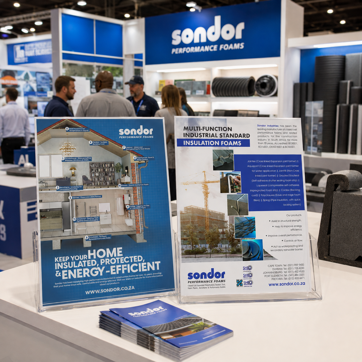 Sondor Performance Foams trade show booth with acrylic sign holders showing a home insulation cutaway and a multi-function industrial insulation foams display, beside a stack of brochures.