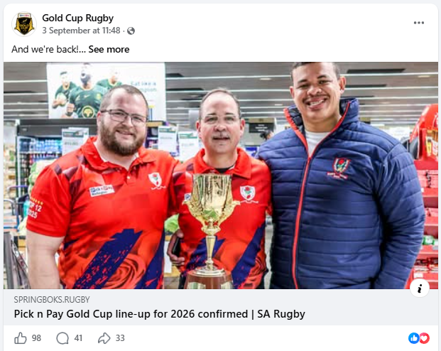 Gold Cup Rugby Facebook post preview showing three men in the Pick n Pay Wellington store with the Gold Cup trophy, linking to the official SA Rugby article.